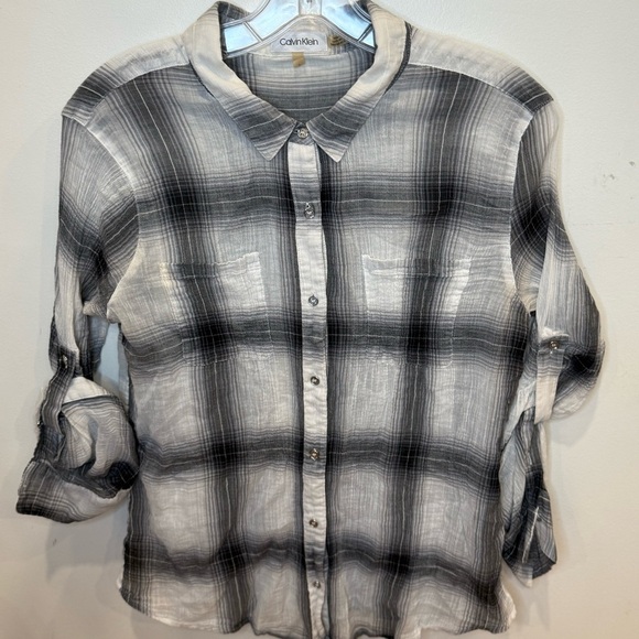 Calvin Klein Airflow Utility Button Down Women's Plaid Shirt Roll Up Sleeve - Picture 2 of 8